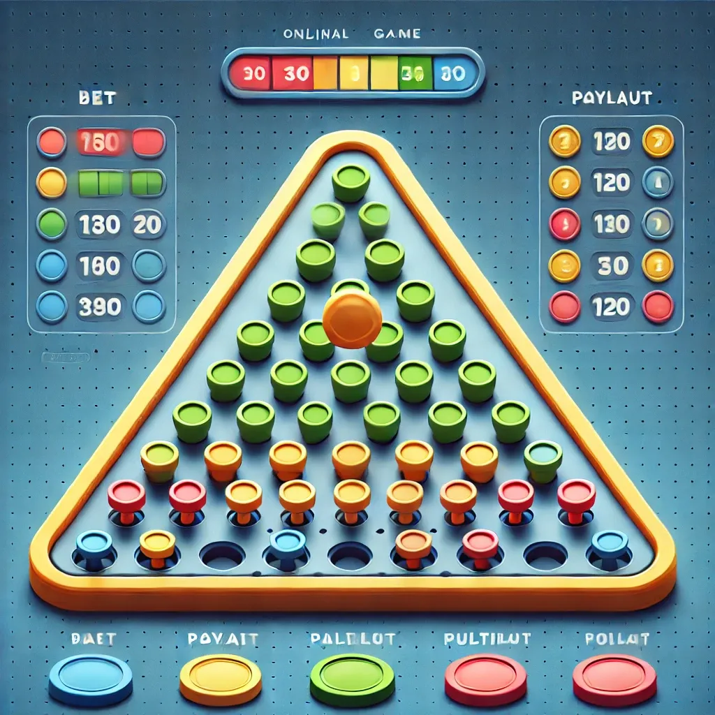 A vibrant online Plinko game with a triangular pegboard, colorful pegs, betting options, and prize slots.