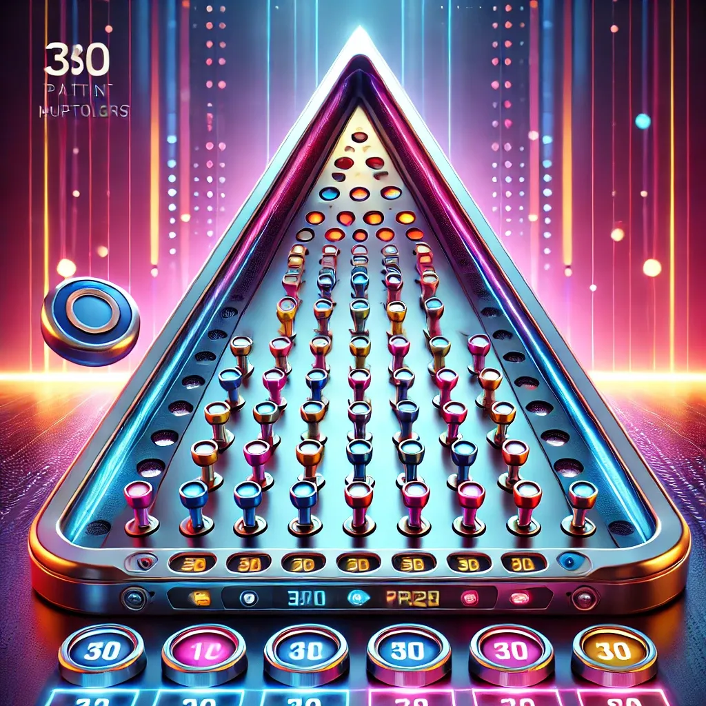 A sleek online Plinko game with a metallic triangular pegboard, glowing pegs, prize slots, and a futuristic casino interface.