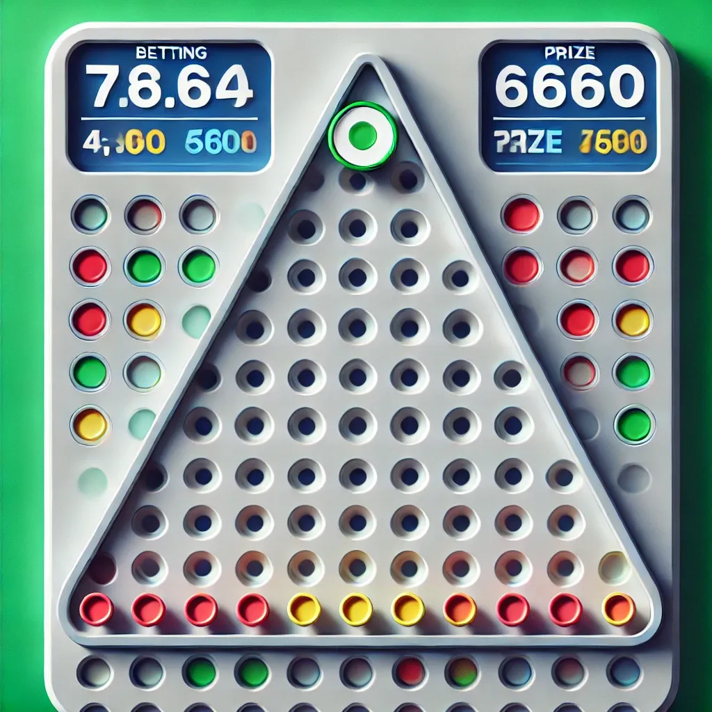A modern online Plinko game with a triangular pegboard, a clean flat design, colorful slots.