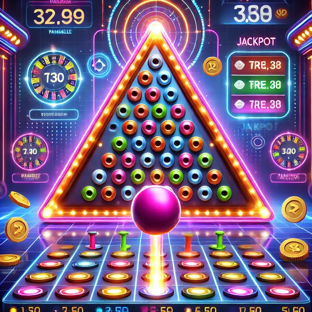 A futuristic online casino Plinko game interface with a neon-lit triangular pegboard.
