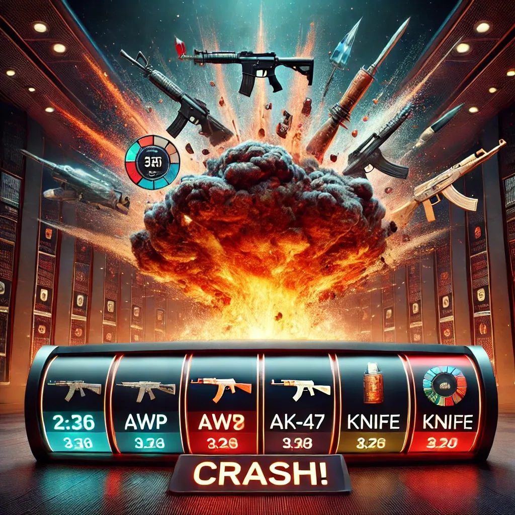 CS:GO crash gambling game with a rising multiplier graph and CS:GO weapon skins like AWP, AK-47, and knife as prizes.