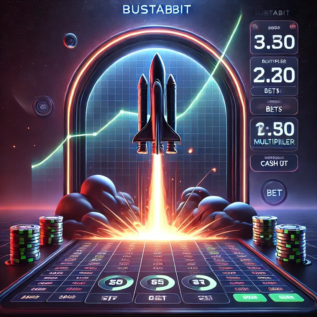 Bustabit-style rocket crash game with a rising multiplier graph, player bets, and a sleek rocket exploding.