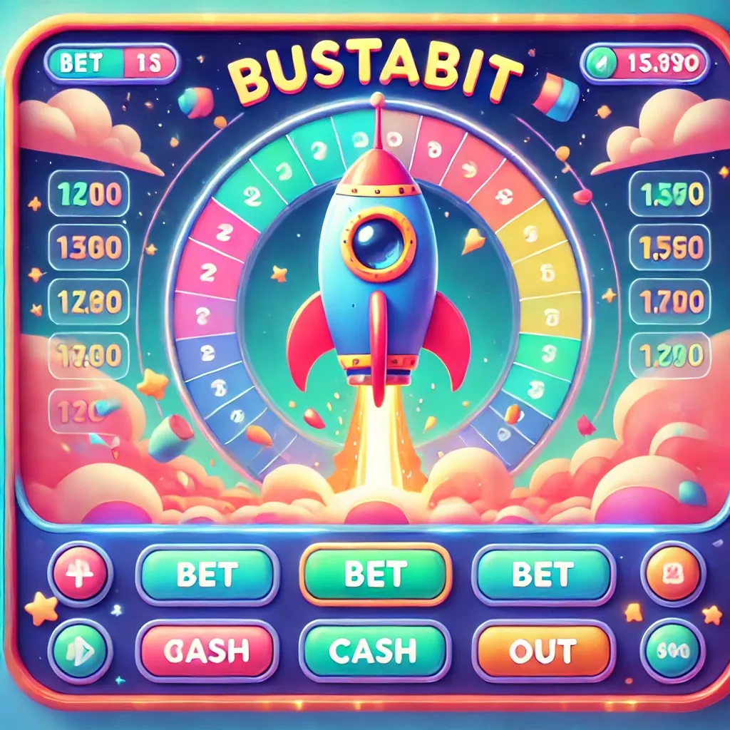 Bustabit-style rocket crash game with a pastel, cartoon-style UI, rising multiplier graph, and a rocket exploding in a cloud of smoke.