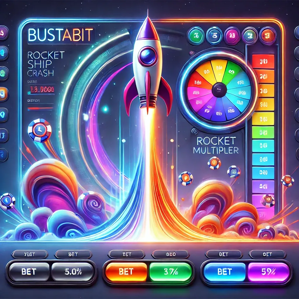 Colorful Bustabit-style rocket crash game with a vibrant UI, and sleek rocket against a bright, dynamic background.