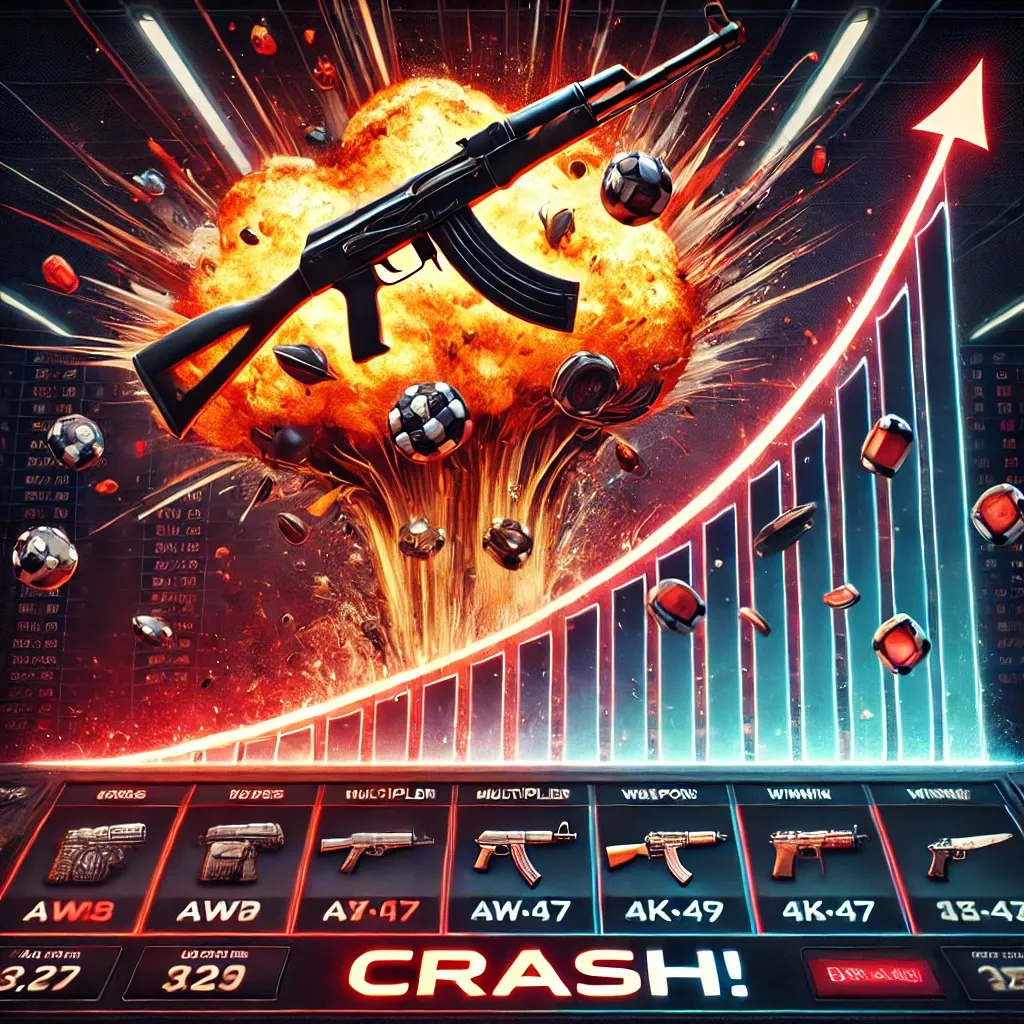 CS:GO crash gambling game with a rising multiplier graph, explosive crash, casino UI, and CS:GO skins like AWP, AK-47, and knife.