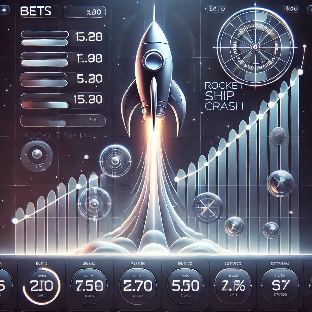 Modern Bustabit-style rocket crash game with a sleek UI, rising multiplier graph, and a streamlined rocket in a futuristic design.