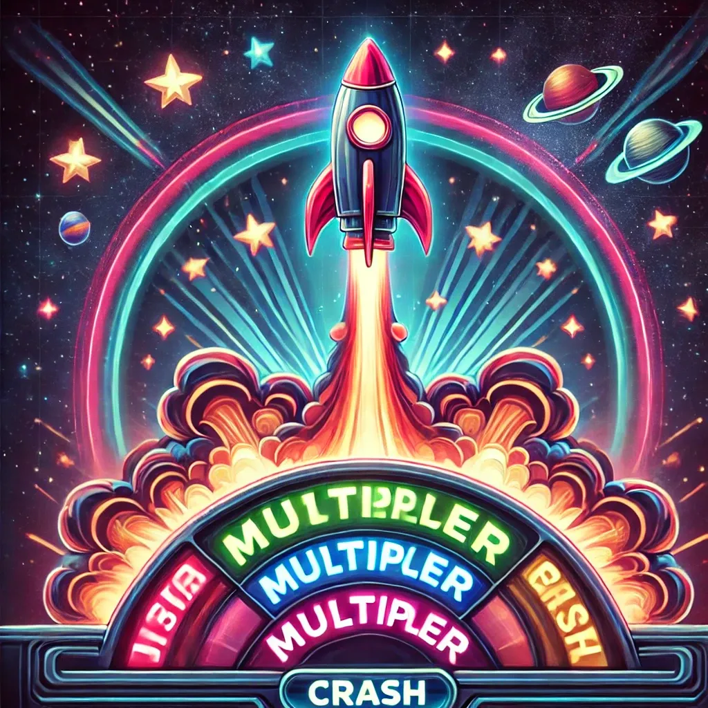 Retro-futuristic rocket crash gambling game with a colorful arcade theme, rising multiplier graph, and pixel-art explosion in space.