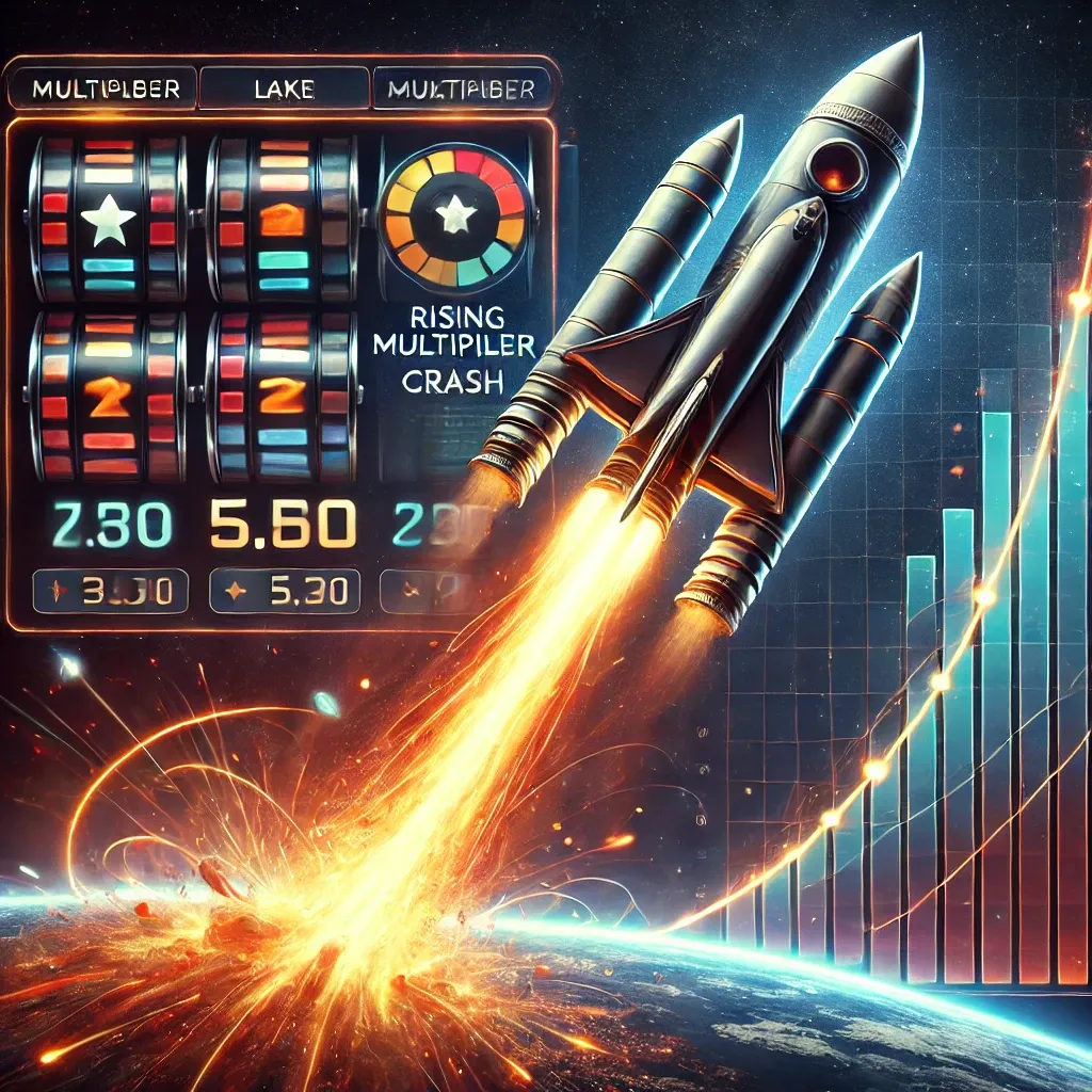 Rocket ship crash gambling game with a rising multiplier graph, neon casino UI, and a rocket exploding in a fiery crash.