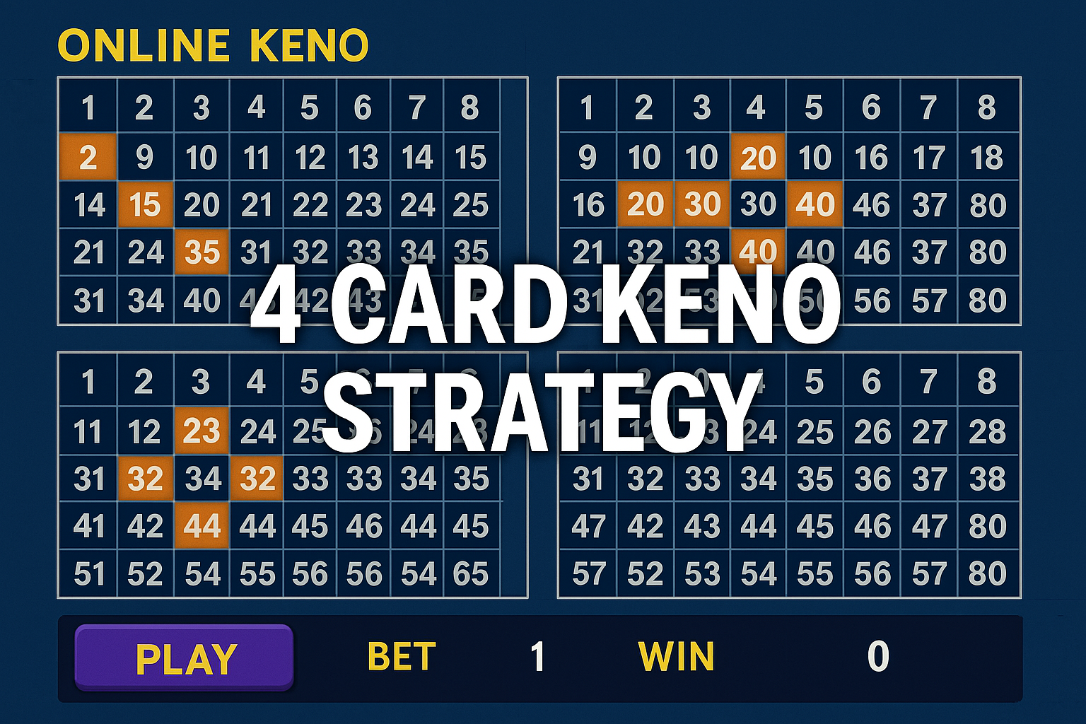 4-card Keno board with orange-highlighted numbers and large text saying "4 Card Keno Strategy".