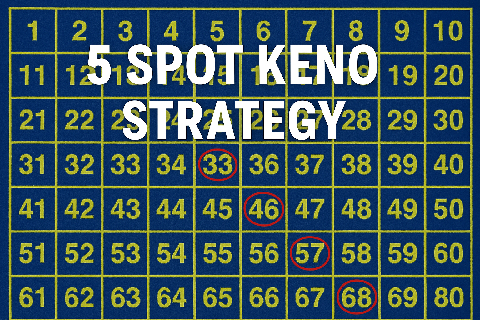 5 Spot Keno board with red circled numbers and bold white strategy title.