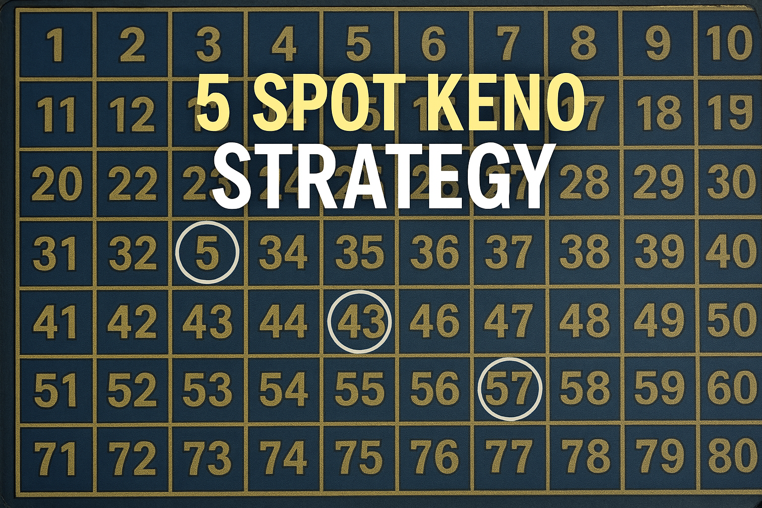 Dark 5 Spot Keno board with white circled numbers and strategy text above.