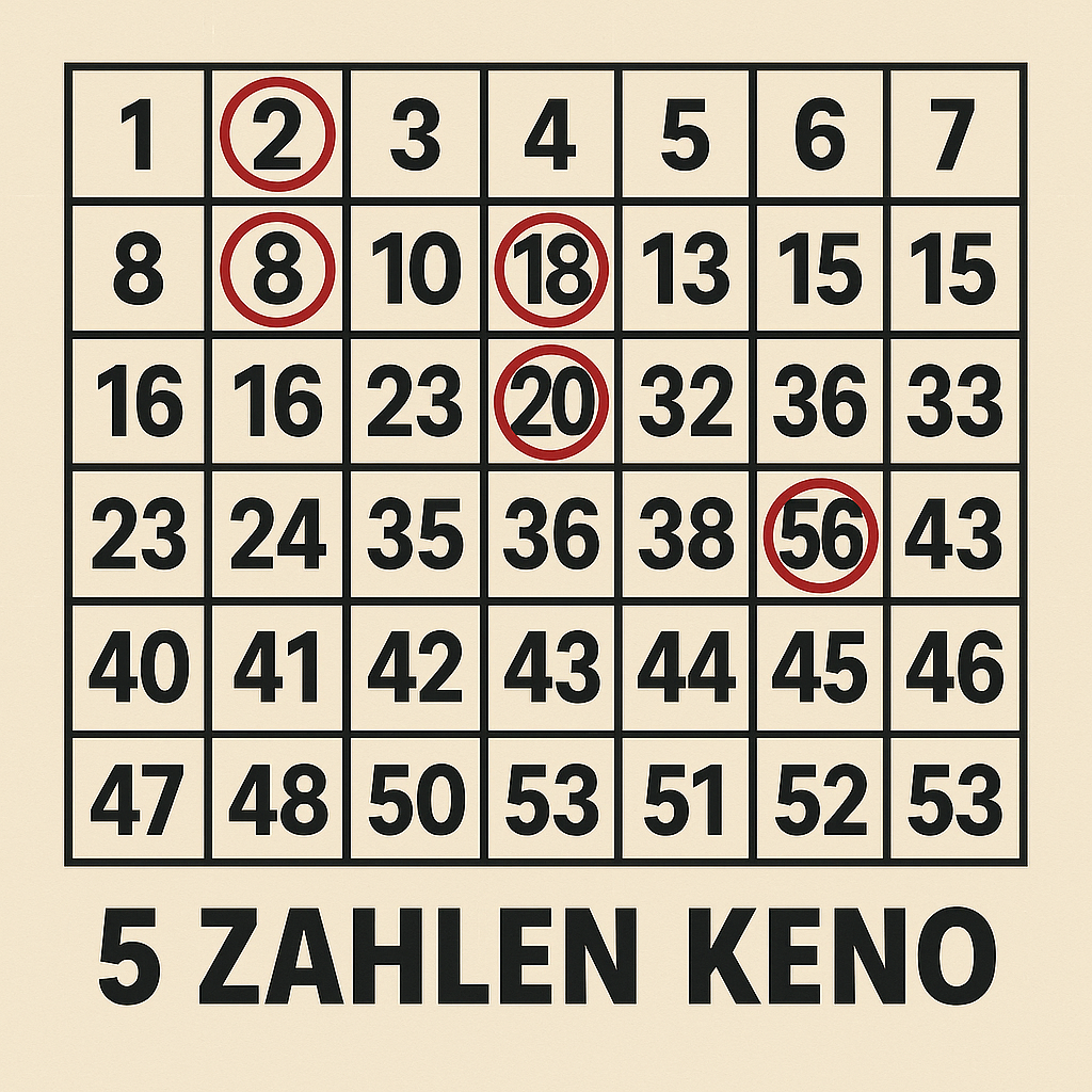 5 Zahlen Keno-Karte mit markierten Nummern: 2, 8, 18, 20, 56, auf hellem Hintergrund.
