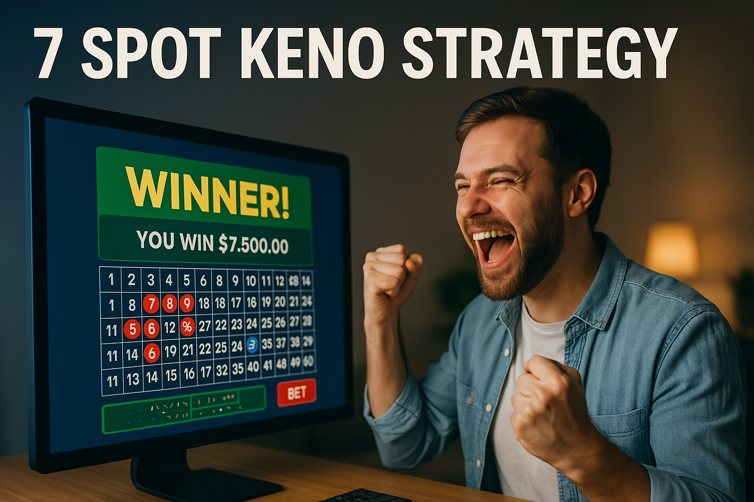 Man celebrates $7,500 win on a 7 Spot Keno game displayed on his desktop screen.