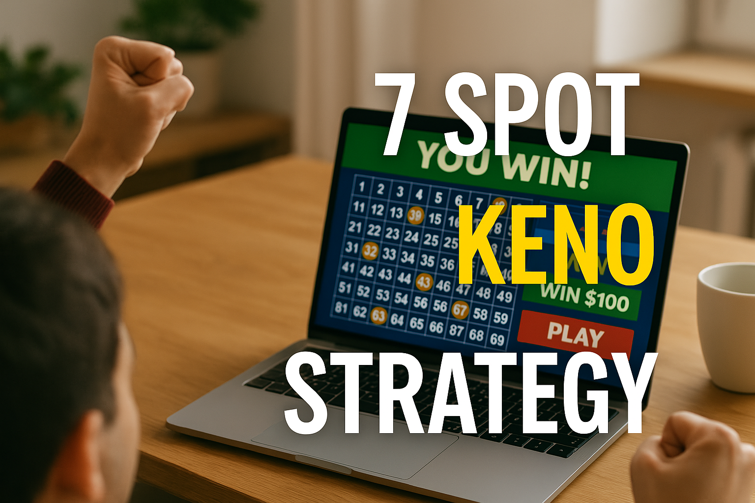 Laptop screen shows 7 Spot Keno win as a player raises fists in excitement.