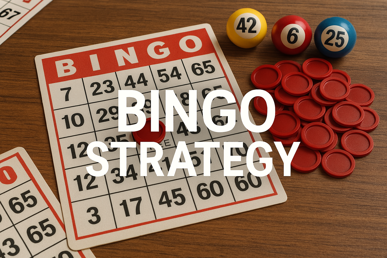 Bingo strategy card with red chips and bingo balls numbered 6, 25, and 42 on a wooden table
