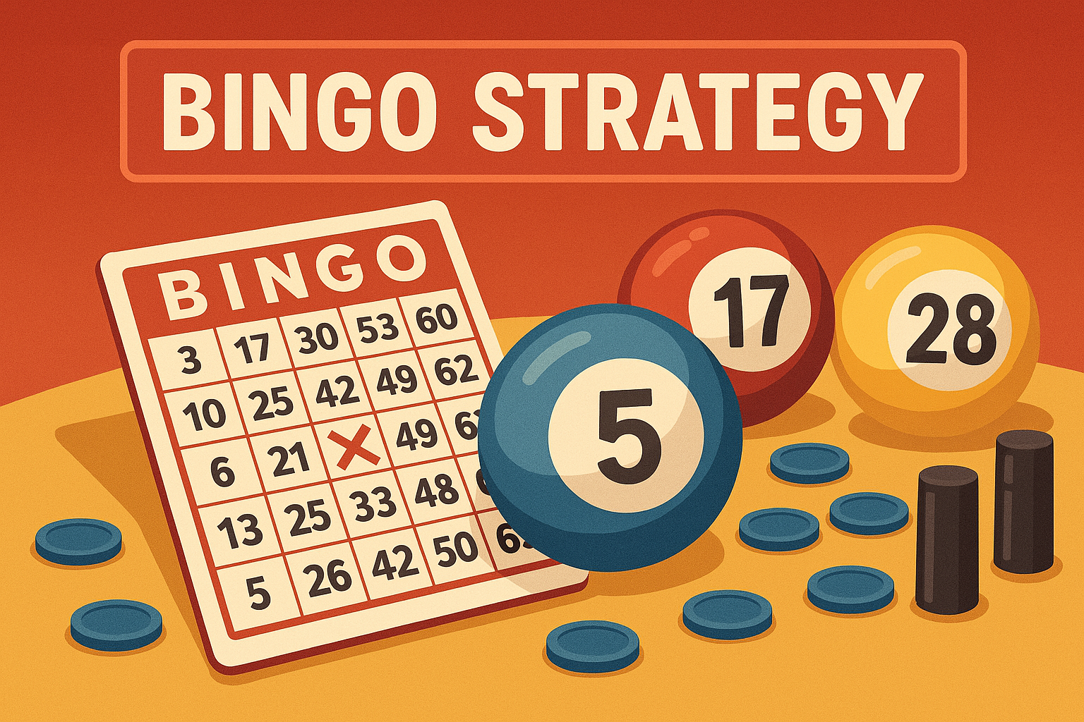 Bingo strategy card with number balls 5, 17, and 28 and scattered blue chips on orange background