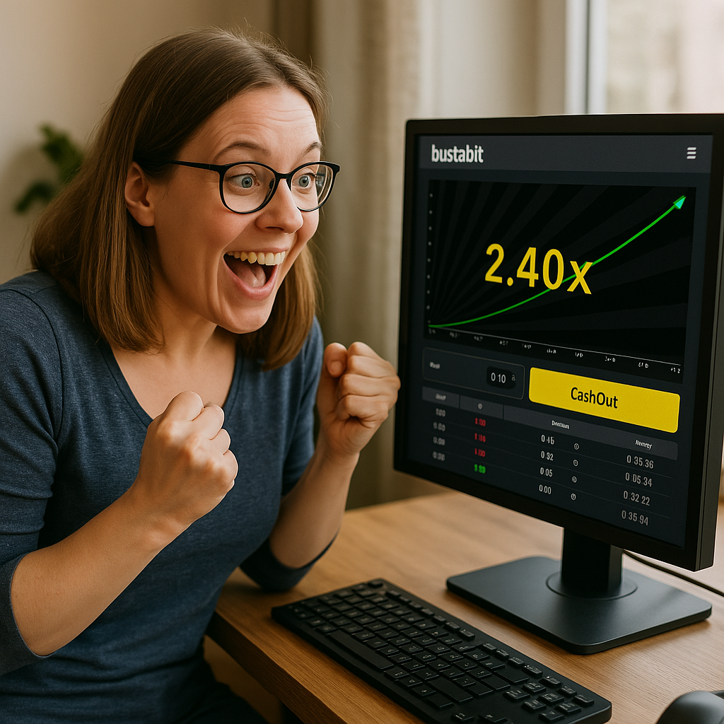 Frau jubelt vor Bildschirm mit Bustabit-Crash-Spiel und einem laufenden Multiplikator von 2,40x.