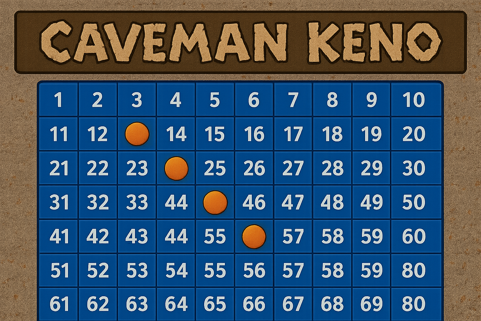 Caveman Keno board with several orange circles showing selected numbers on a blue grid.