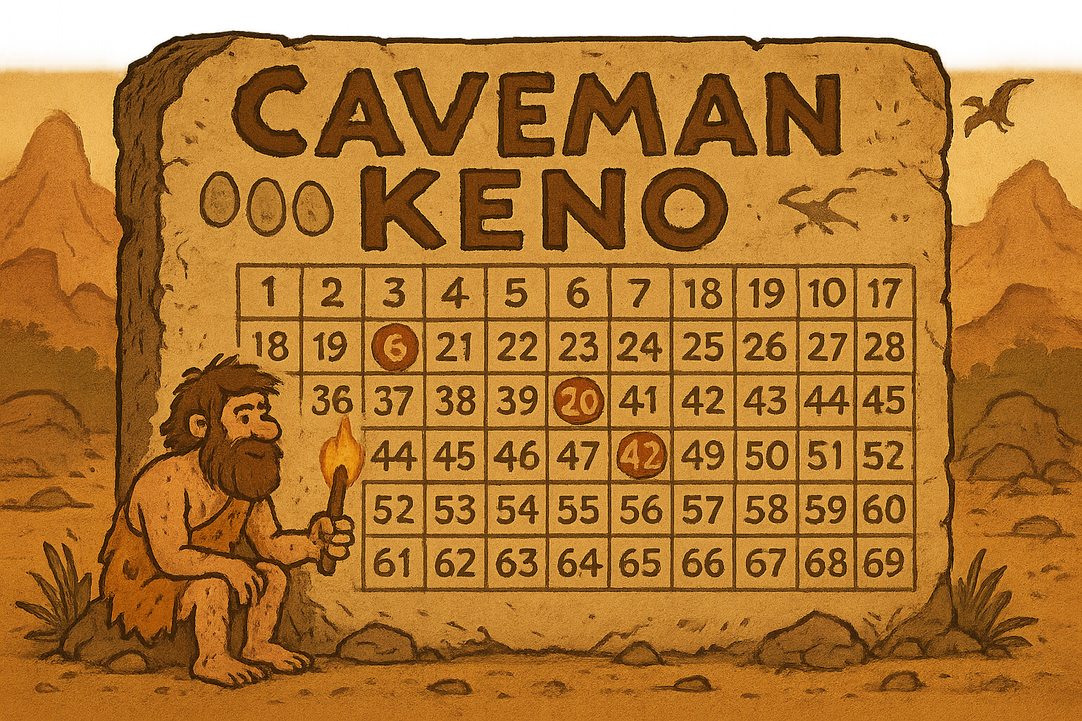 Cartón de Caveman Keno tallado en piedra con los números 5, 20 y 42 marcados y un cavernícola con antorcha al lado