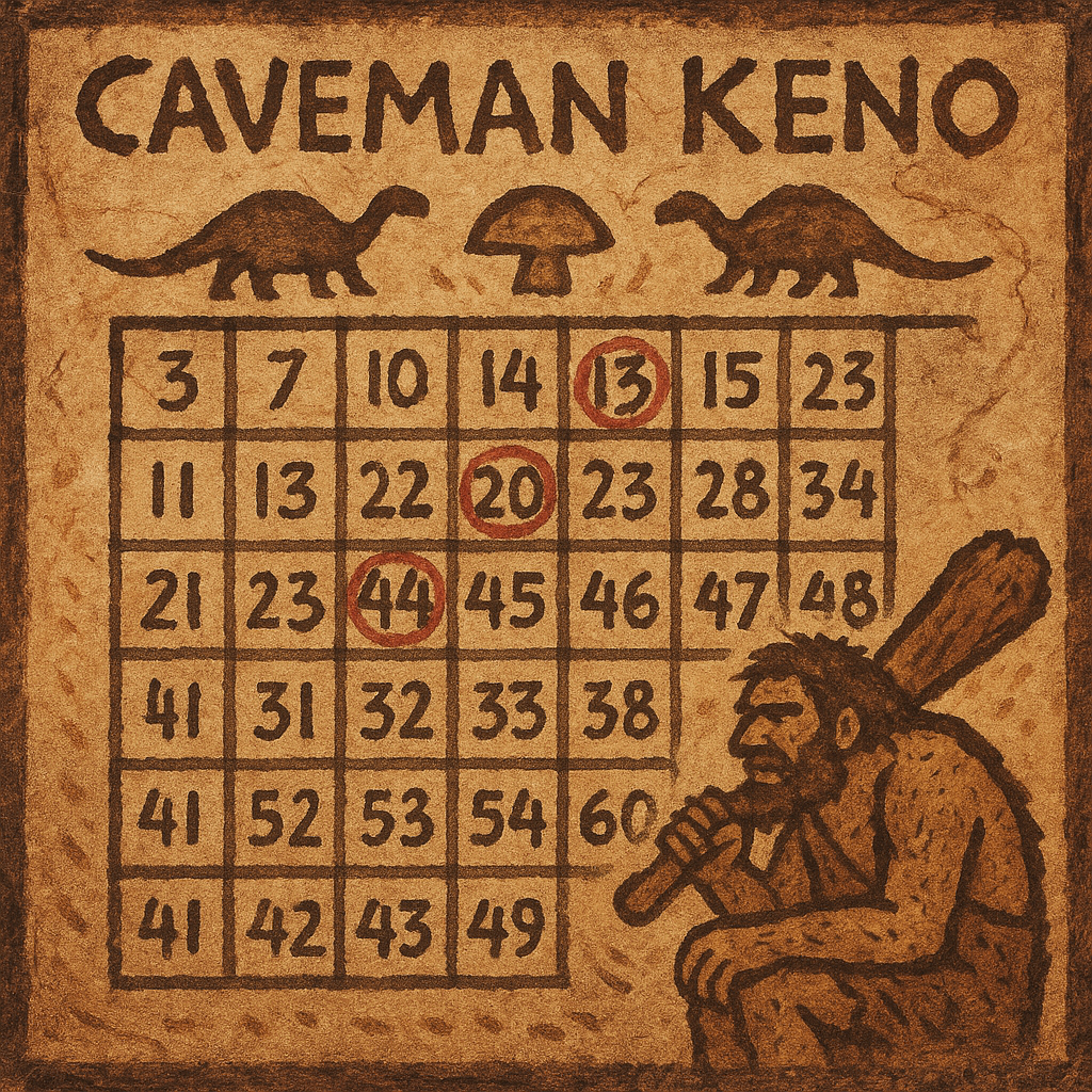 Tarjeta de Caveman Keno con números 13, 20 y 44 marcados y un cavernícola con un garrote en la esquina inferior derecha.