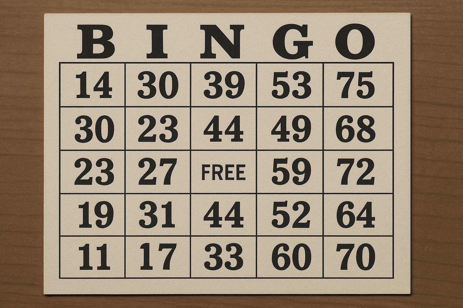 Classic bingo card with black numbers on beige paper placed on a wooden table surface