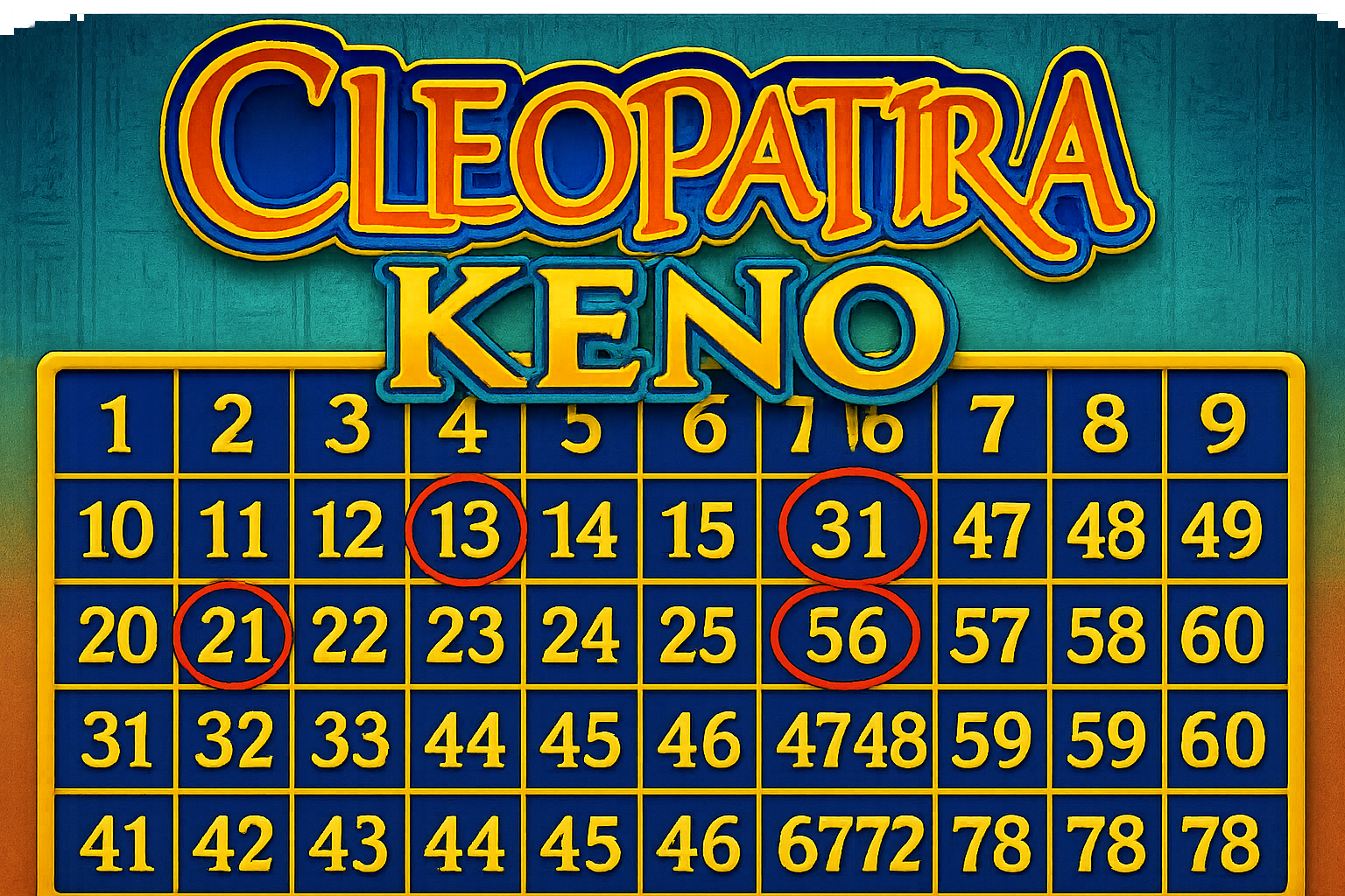 Cleopatra Keno board with circled numbers 13, 21, 31, and 56 under a colorful title.
