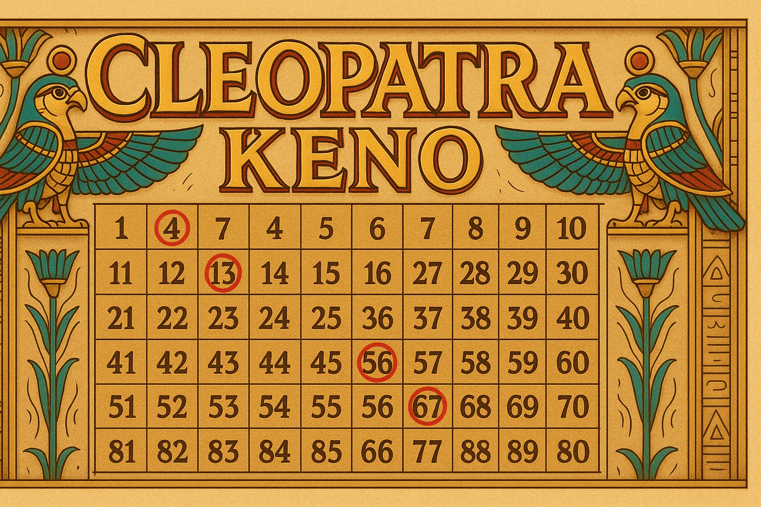 Cartón de Cleopatra Keno con estilo egipcio y los números 4, 13, 56 y 67 marcados con círculos rojos
