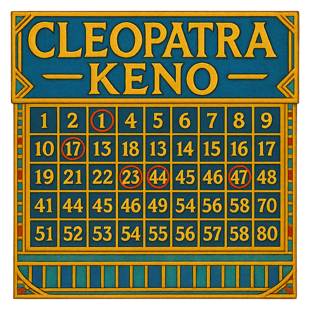 Cleopatra Keno-Spielkarte mit markierten Zahlen: 1, 17, 23, 44, 47, im ägyptischen Designstil.