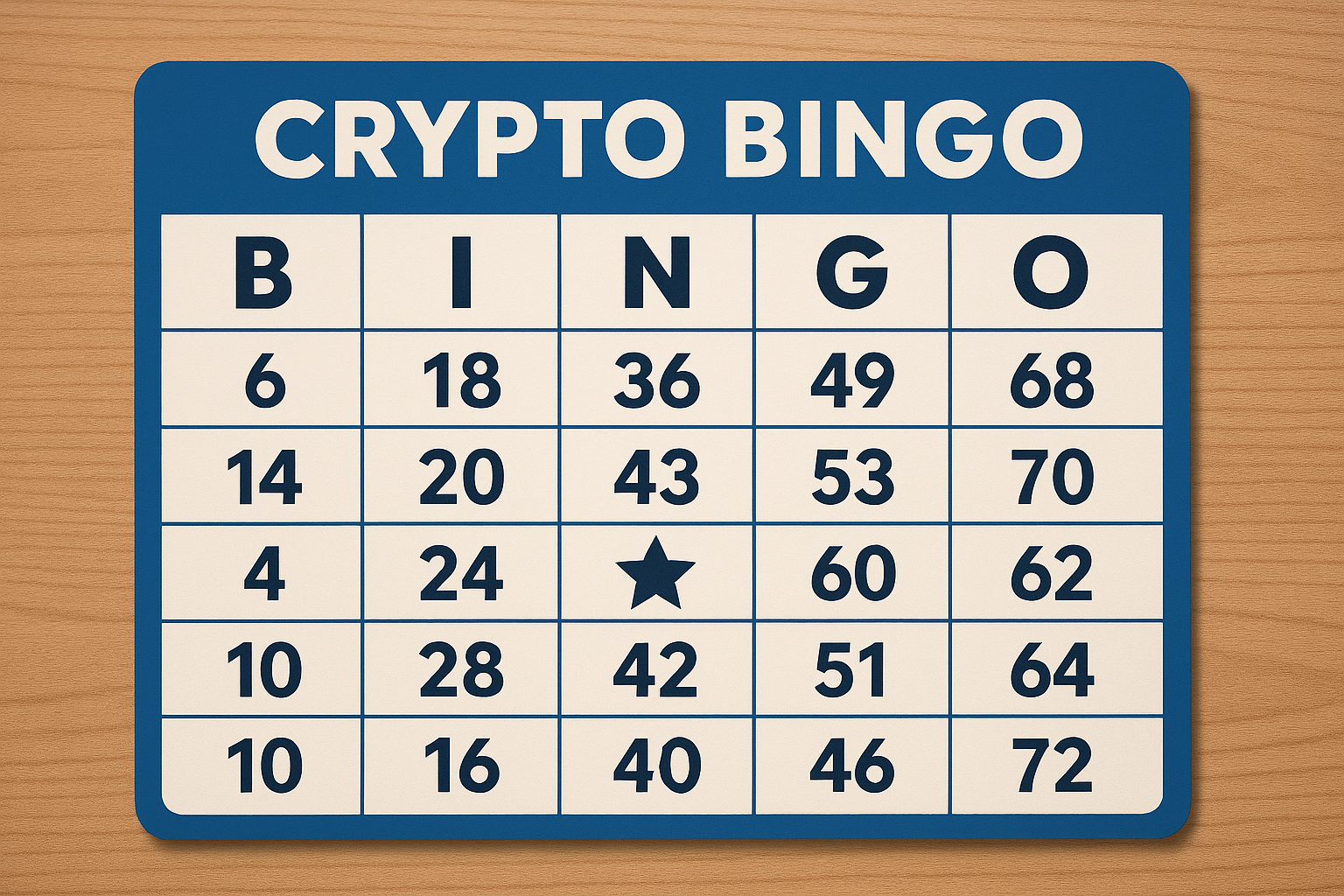 Crypto Bingo-Spielkarte mit Zahlen und Stern in der Mitte auf einem Holztisch.