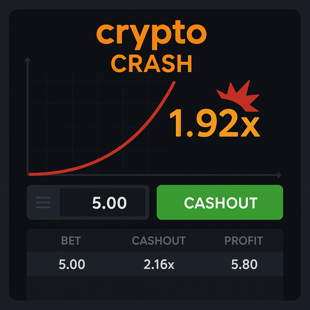 Screenshot eines Crypto Crash Spiels mit einer Wette von 5 Euro, einem Cashout bei 2,16x und einem Gewinn von 5,80 Euro, während das Spiel bei 1,92x abgestürzt ist.