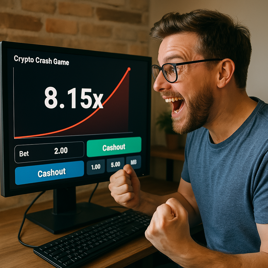 Ein begeisterter Mann jubelt vor einem Computerbildschirm, Crypto Crash Game-Runde mit einem Multiplikator von 8,15x anzeigt.