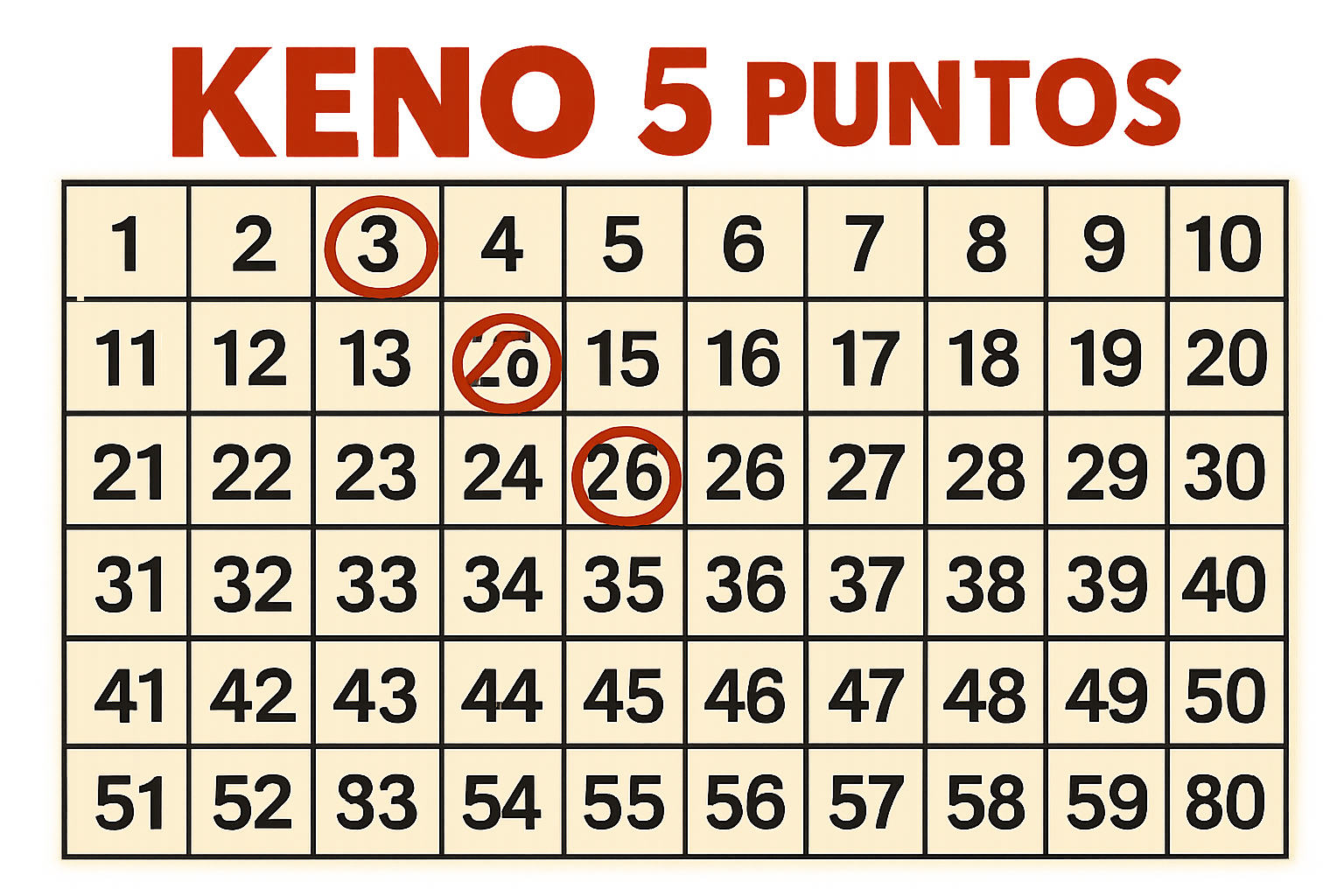 Cartón de Keno con estrategia de 5 puntos, marcados los números 3, 20 y 26 con círculos rojos
