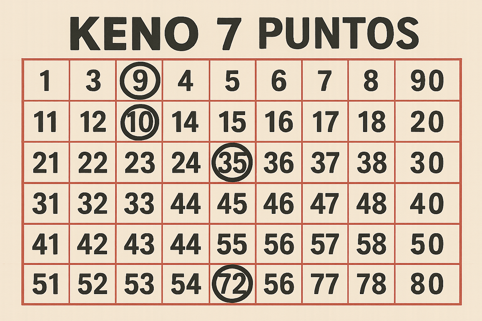 Cartón de Keno con estrategia de 7 puntos y los números 9, 10, 35 y 72 marcados en círculos
