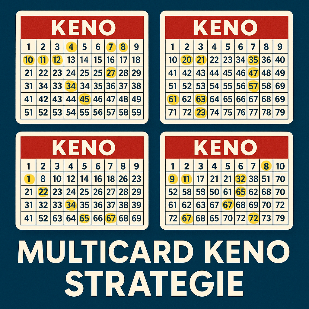 Cuatro tarjetas de Keno marcadas con estrategia multicartas y texto “Multicard Keno Strategie” en la parte inferior.