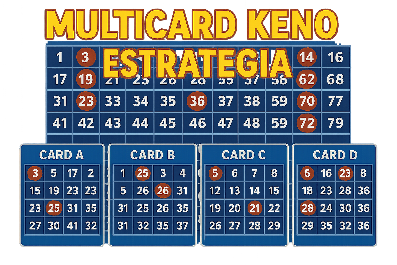 Estrategia de Keno Multicard con tablero principal y cuatro cartas (A, B, C, D) con múltiples números marcados