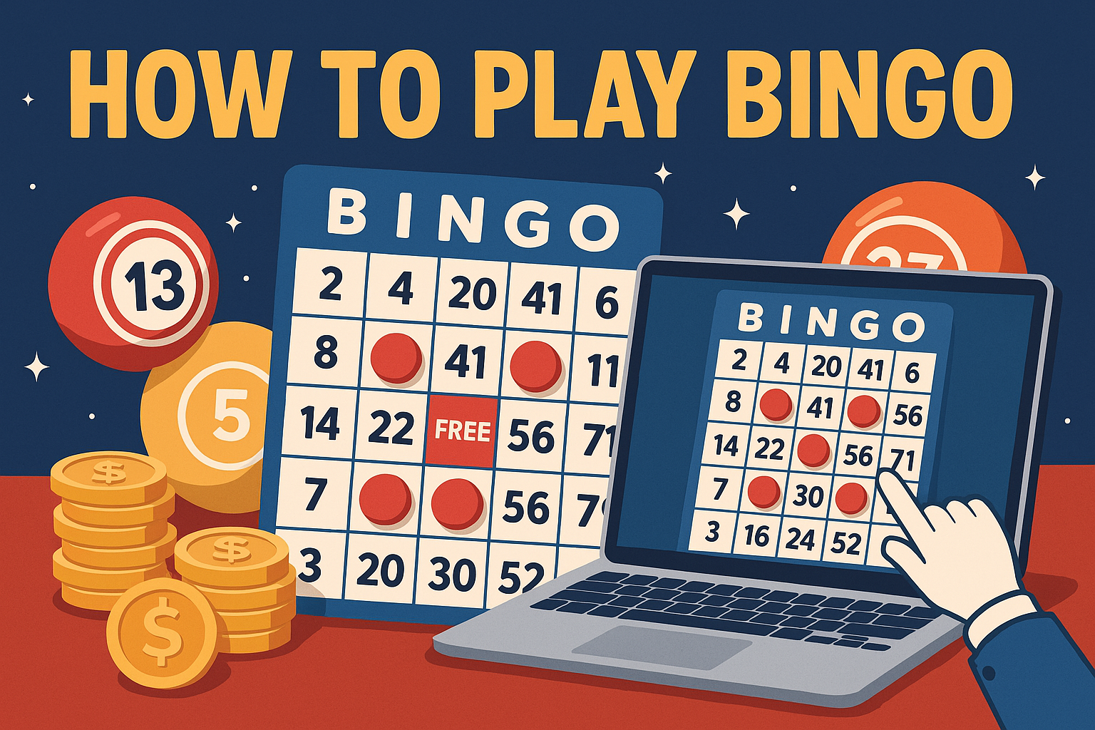 Illustrated guide showing how to play online bingo on laptop and paper card with red markers.