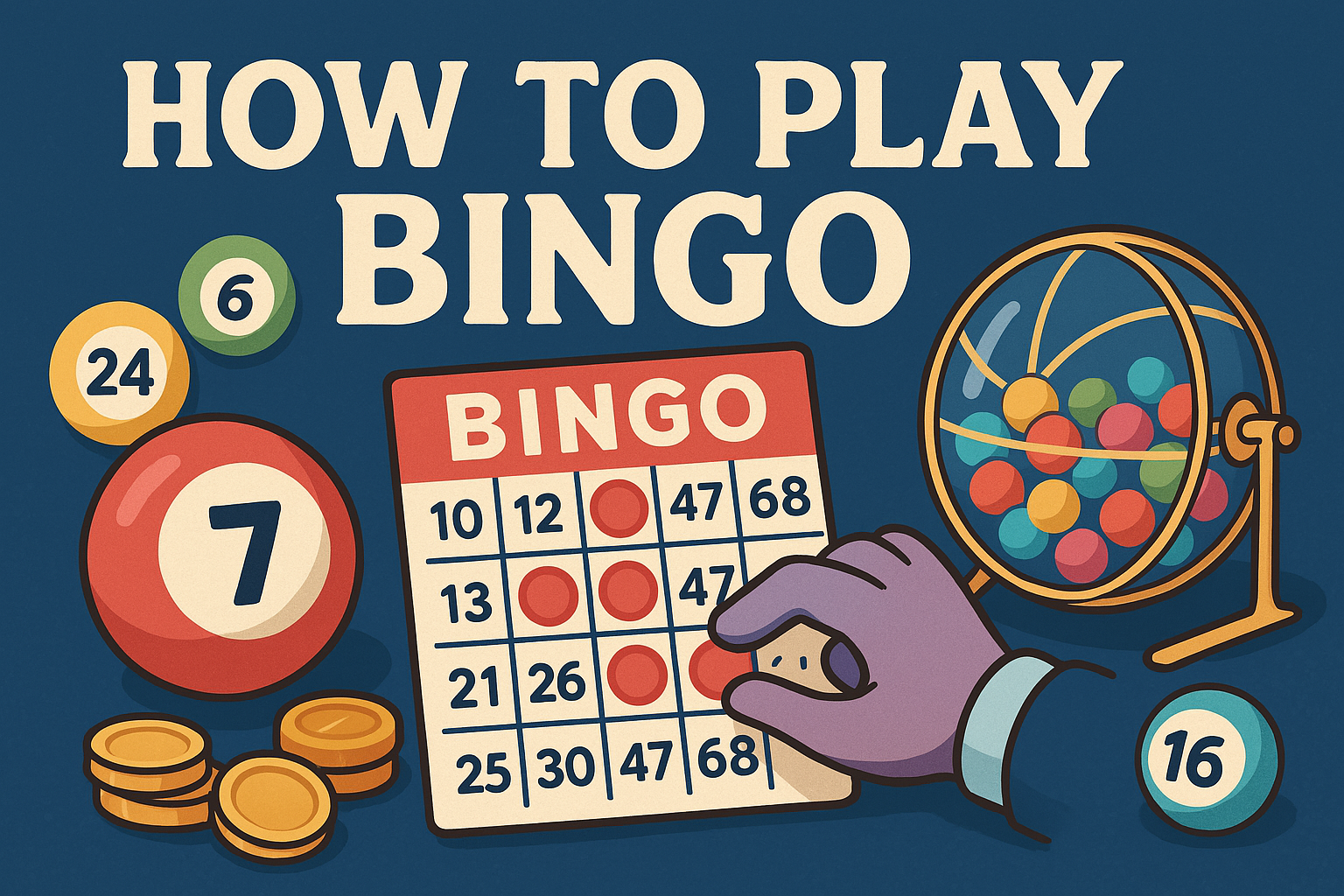 Cartoon illustration of bingo gameplay with card, coins, bingo balls, and a spinning cage.