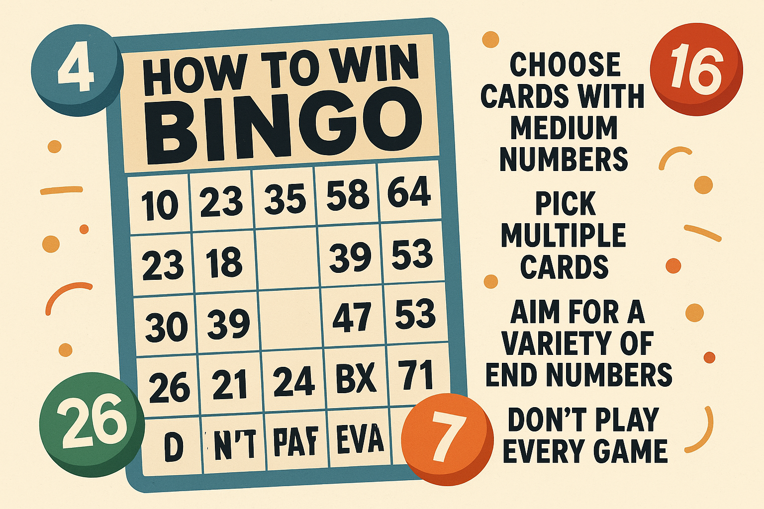 Red and white bingo card with chips and numbered balls placed on a wooden table.