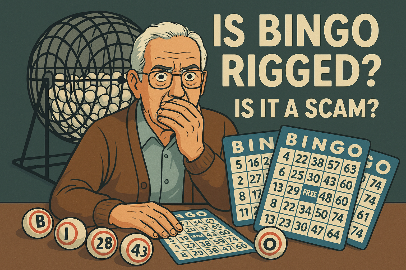 Elderly man looking worried while holding bingo cards next to drawn numbers and a bingo cage