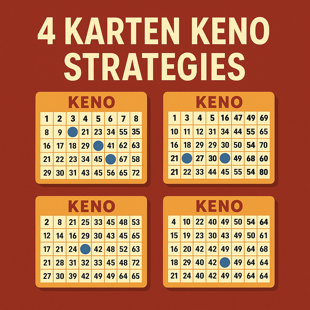 Vier-Karten-Keno-Strategien mit markierten Zahlen auf gelbem Spielfeld und rotem Hintergrund.