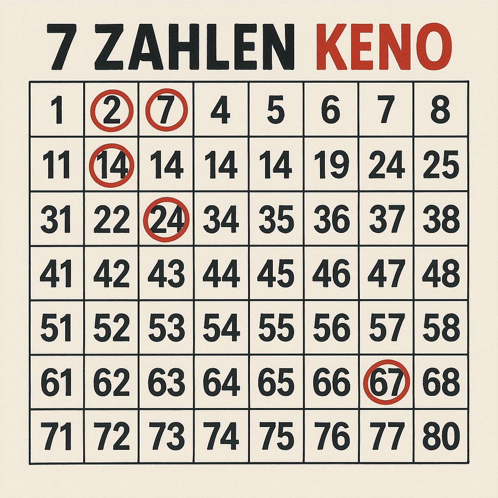 Keno-Spielkarte mit 7 markierten Zahlen: 2, 7, 14, 24, 67, im Titel steht "7 Zahlen Keno"