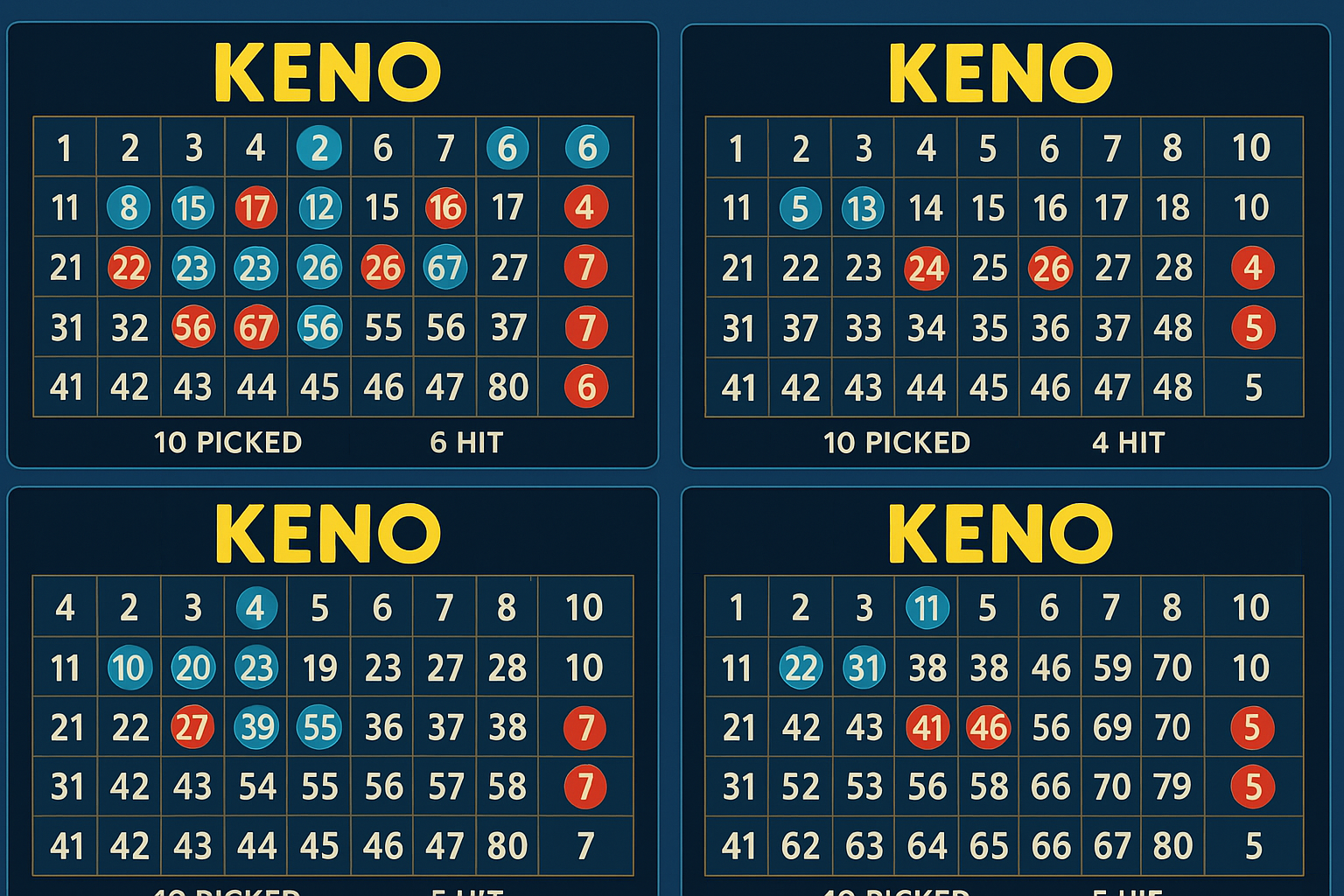 Cuatro tableros de Keno con números seleccionados y ganadores en círculos azules y rojos, mostrando picks y aciertos.