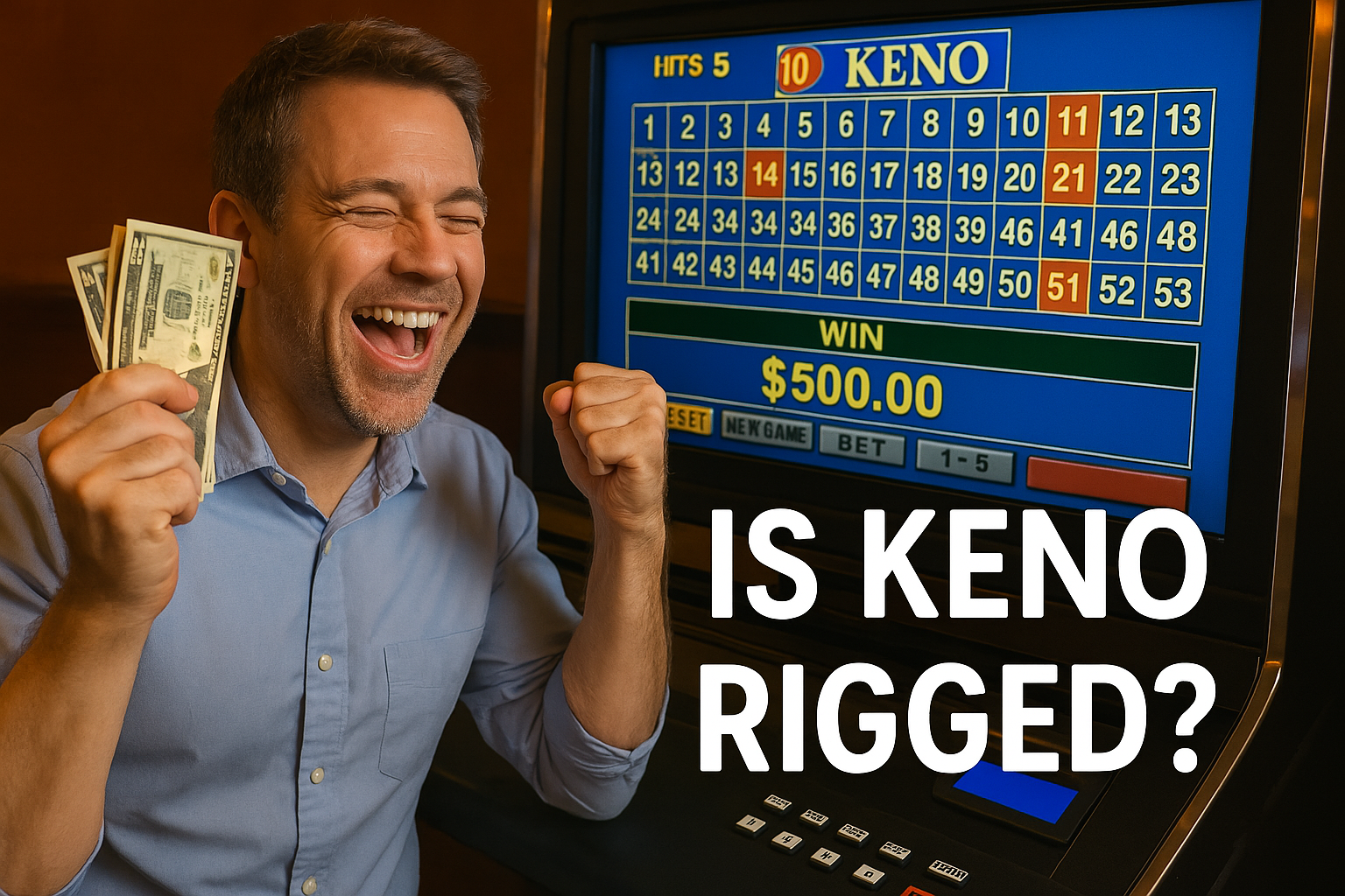 Happy man with money in front of Keno machine showing a $500 win and “Is Keno Rigged?” text.