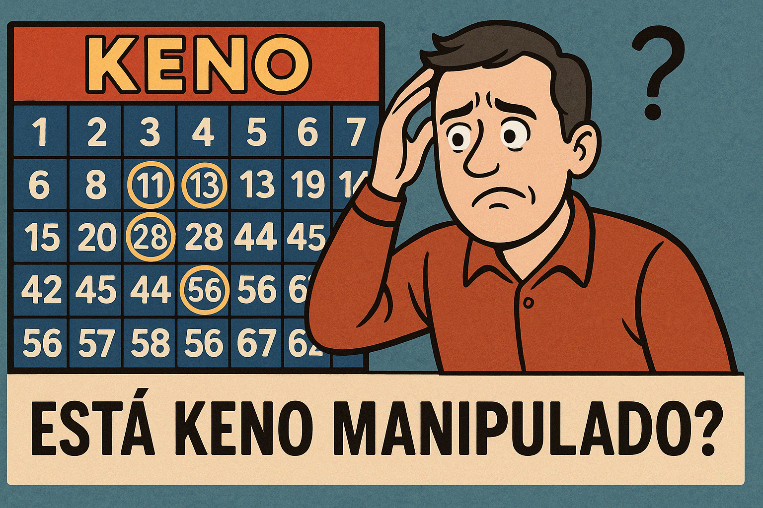 Hombre confundido frente a tablero de Keno con números marcados y texto “¿Está Keno manipulado?”
