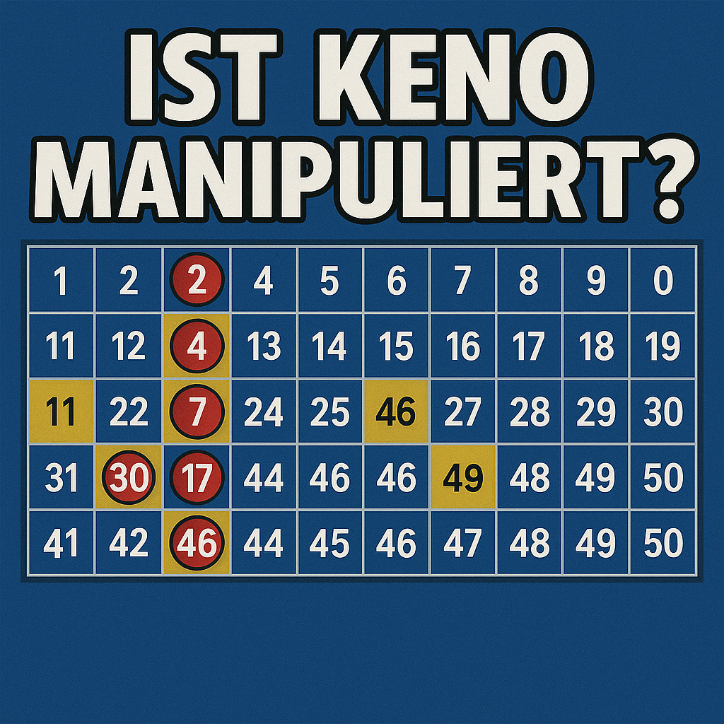 CartĂłn de Keno con nĂșmeros resaltados y el texto âIst Keno manipuliert?â sobre fondo azul.