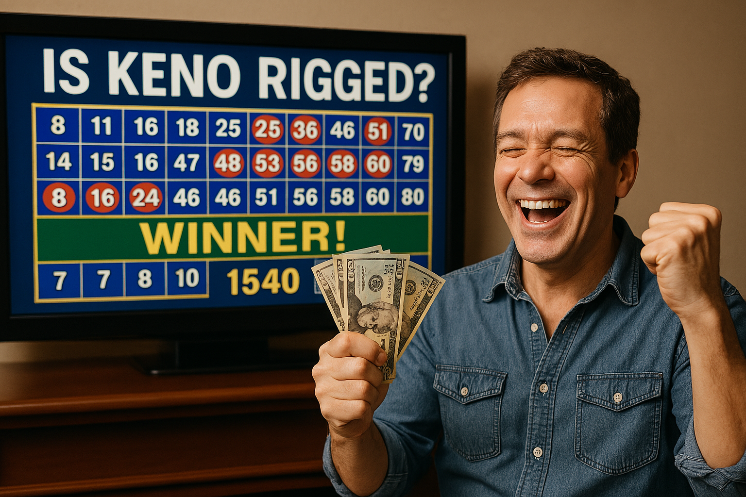 Man celebrating with cash in front of TV showing “Is Keno Rigged?” and a winning Keno result.