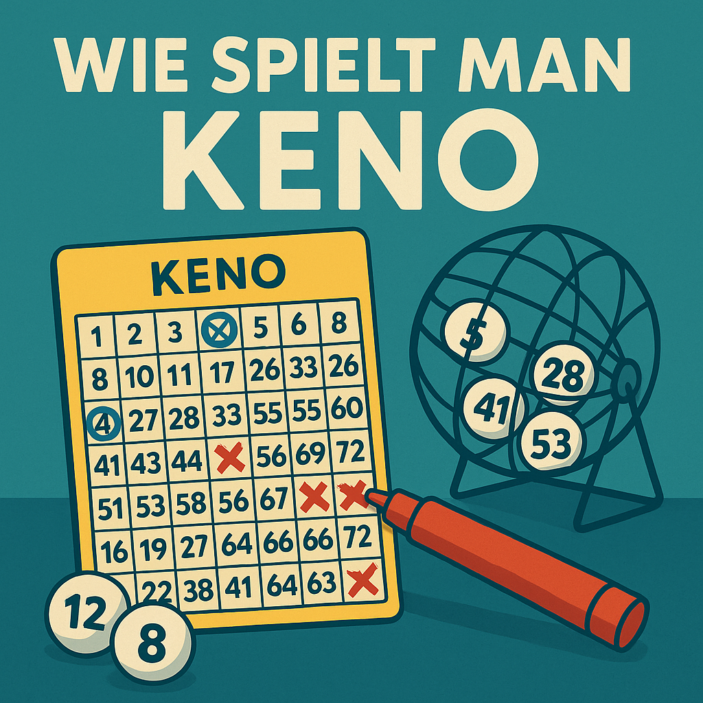Deutsche Keno-Spielanleitung mit Spielschein, gezogenen Zahlen und Marker.