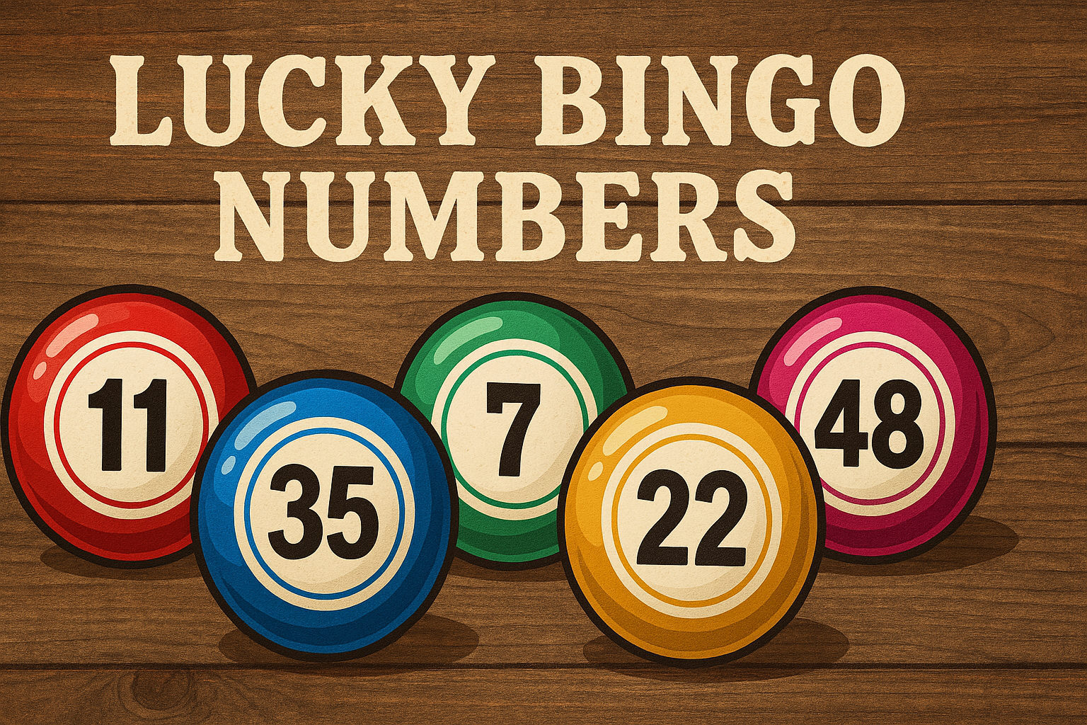 Colorful bingo balls showing numbers 11, 35, 7, 22, and 48 under the text “Lucky Bingo Numbers