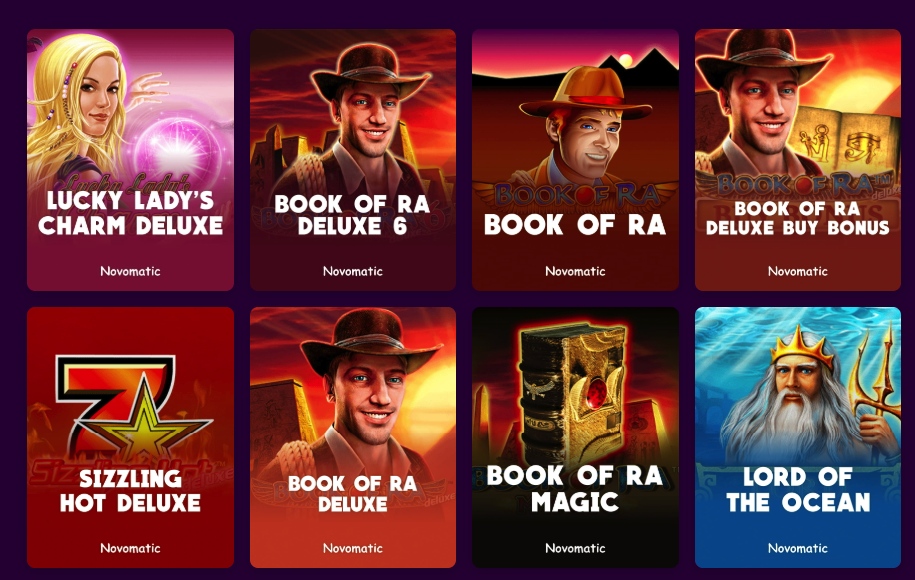 Grid of popopular Novomatic slot games like Book of Ra, Lucky Lady’s Charm Deluxe, and Lord of the Ocean.