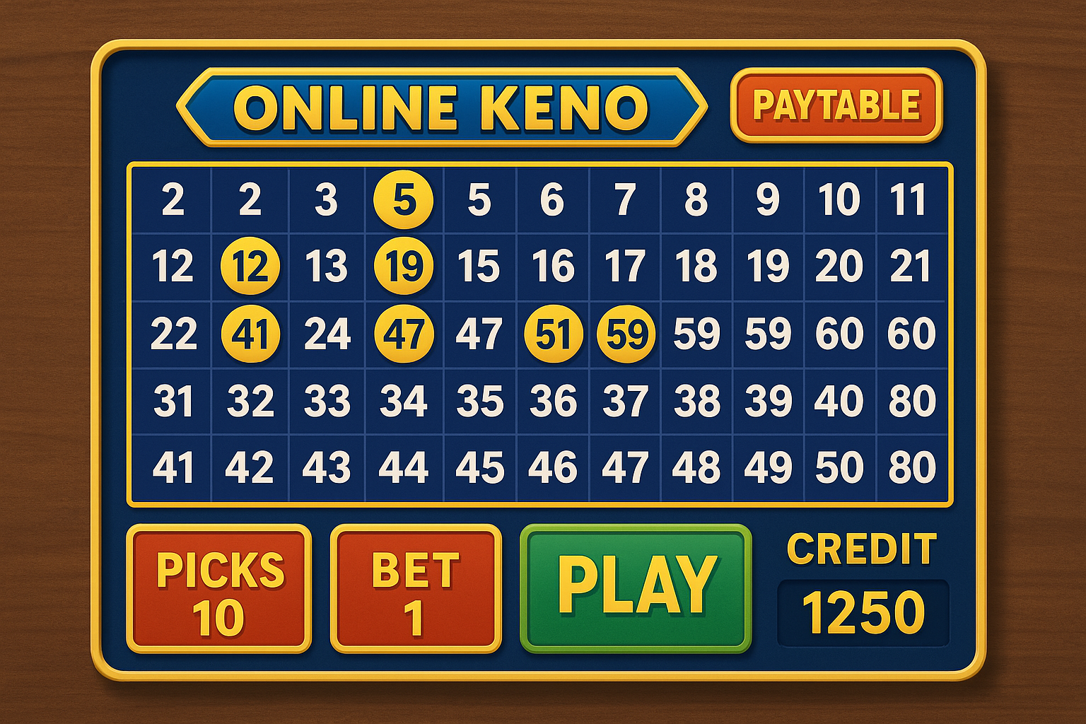 Online Keno game board showing selected and drawn numbers with credit and play options.